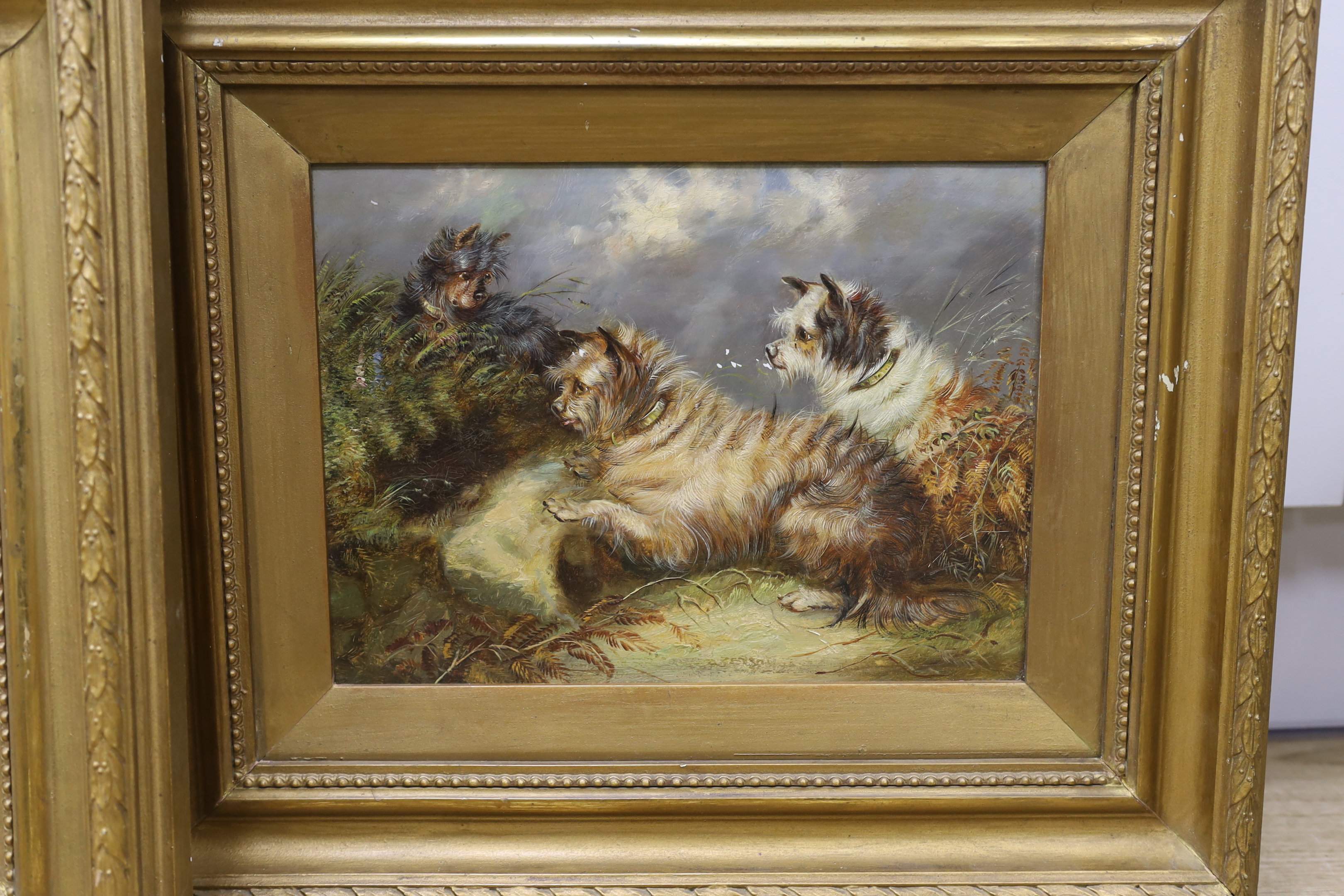 20th century School, pair of oils on board, 'Cairn terriers before landscapes', unsigned, each 22 x 29cm, ornate gilt framed
